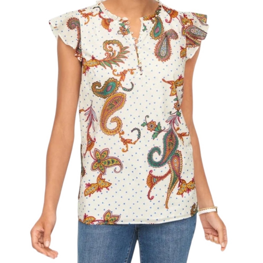 Talbots White with Multi Twinkle Paisley Flutter Sleeve Cotton Top M
